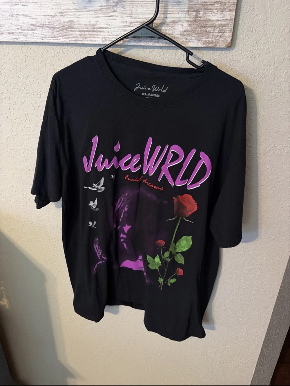 Juice WRLD Men’s Black Short Sleeve Graphic Tee - Black with Purple & Red Print